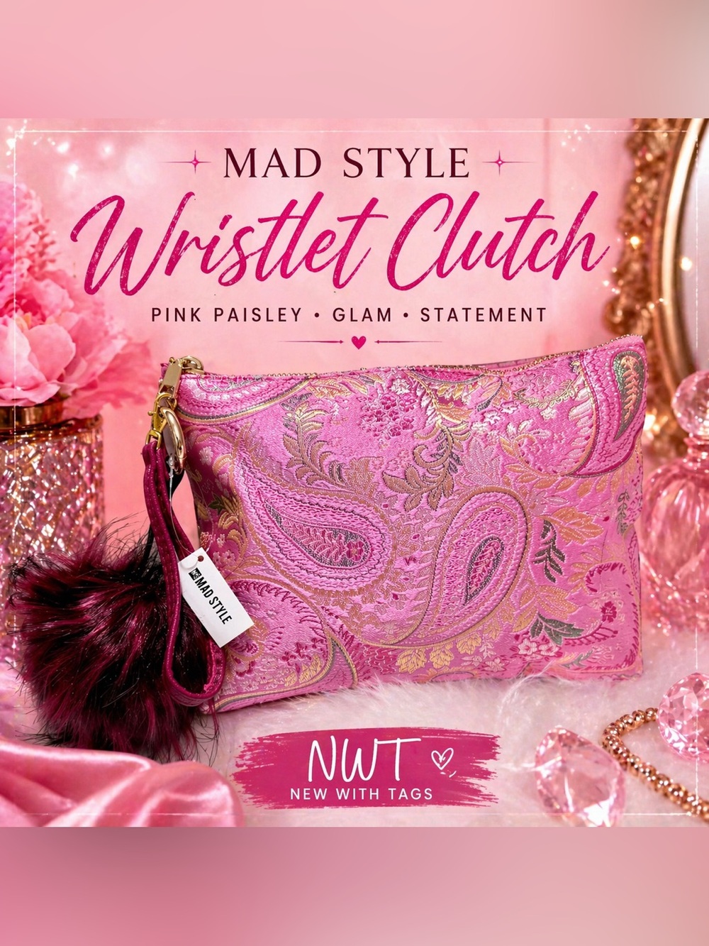 NWT MAD STYLE Pink Paisley Wristlet Clutch w/ Faux Fur Pom Pom – Glam Statement